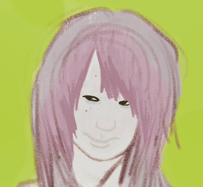 A drawing of a feminine young man with long pastel pink emo hair and a sweeping fringe, he has no eyebrows and two mole on his cheek as well as one just above his browbone, he is squinting and looking to the left of himself, he is set against a neon green background