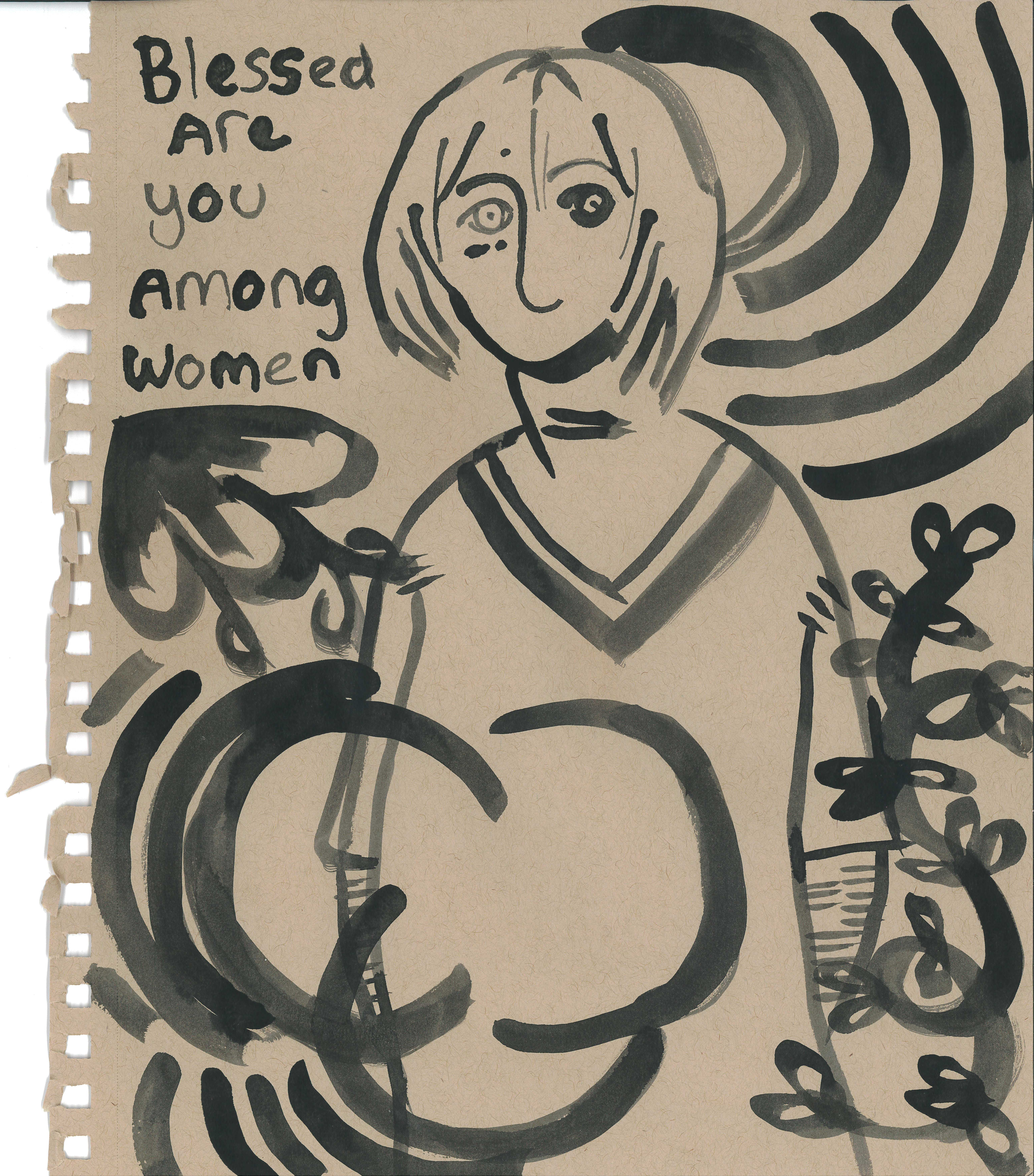 A drawing of a feminine young man with long hair, he is wearing a simple dress with a v-neck and long loose sleeves, above him are the words 'blessed are you among women' 