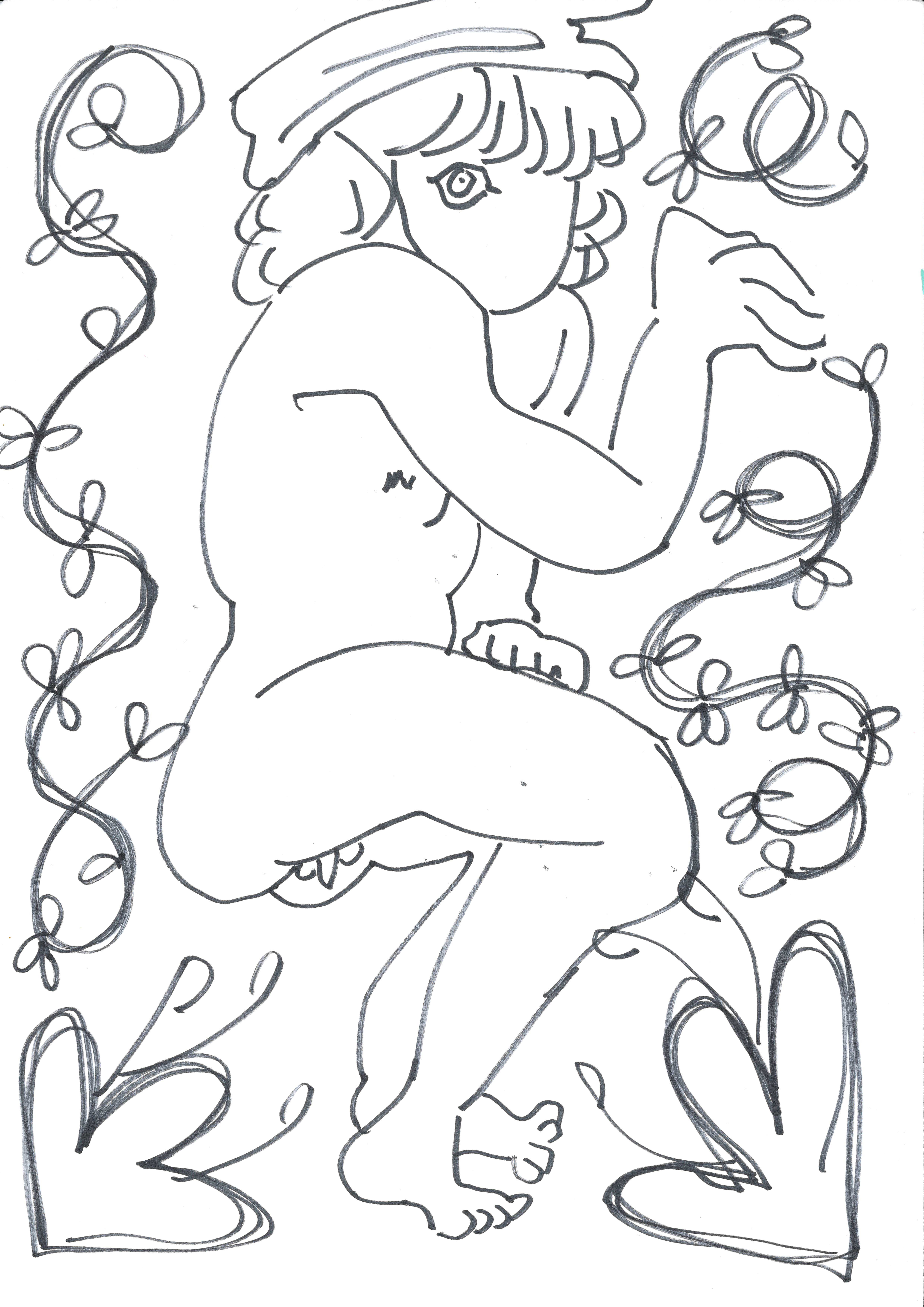 A drawing of a young nude, slim man, with long curly hair, he is drawn in a style inspired by greek and etruscan art and is wearing a phrygian cap, only one of his eyes is visible