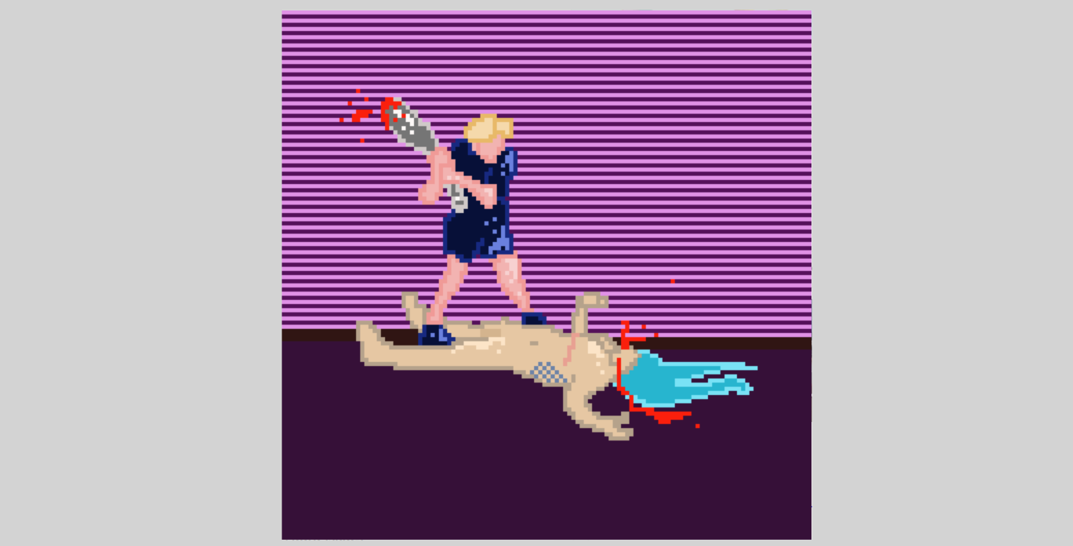 a pixel video game style drawing of two figures in a purple room, one figure is stood, has blond hair, and is wearing a black latex outfit, they are using a metal baseball bat to beat the second figure, who is on the floor, laying down, they have long blue hair and are pulling a thumbs up as blood streams from their nose