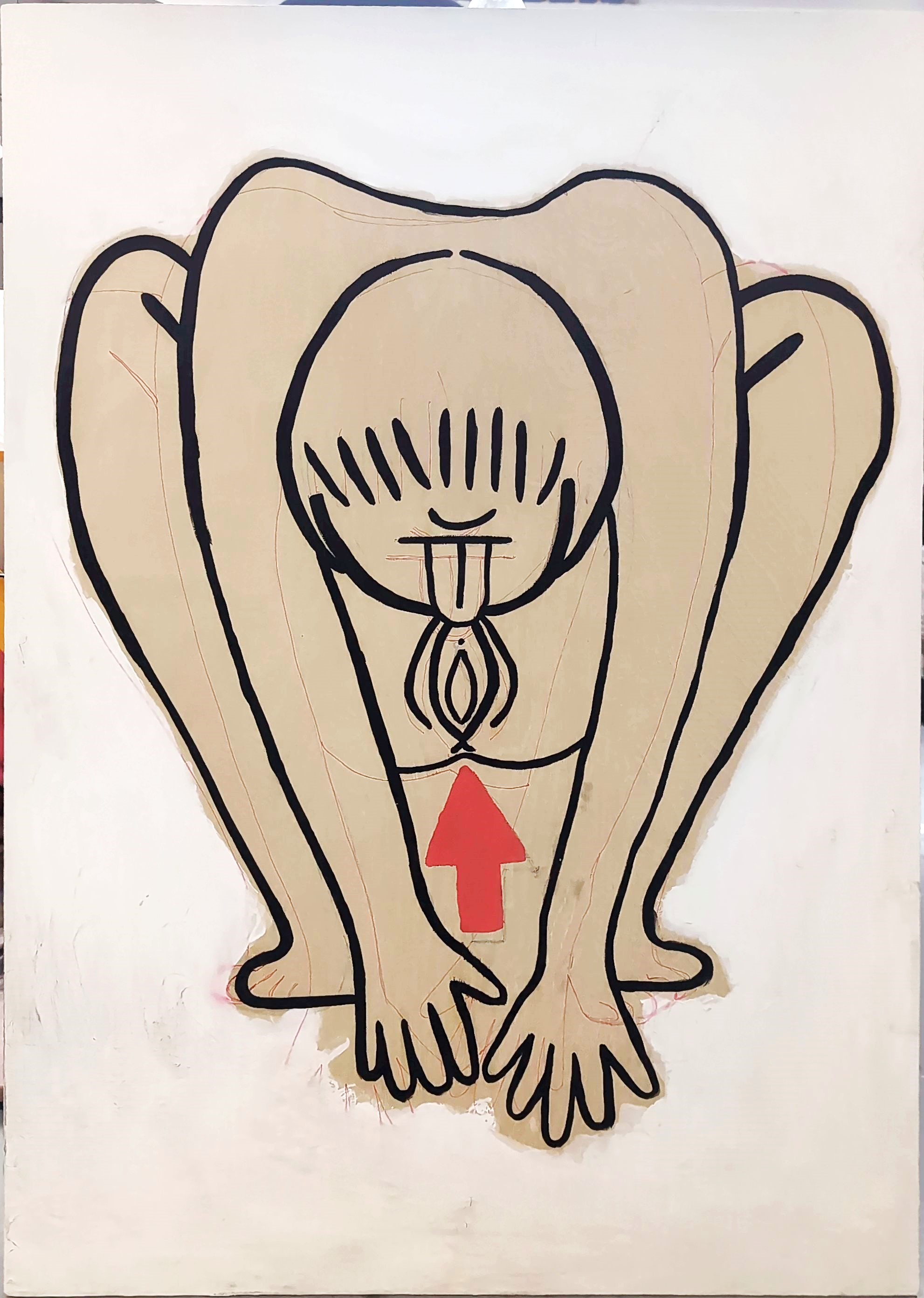 a red, black, and white painting with a line drawing of a figure hunched over in the middle, they have their tongue out and are licking their vulva, they are outlined in black and there is a large red arrow pointing towards their vulva