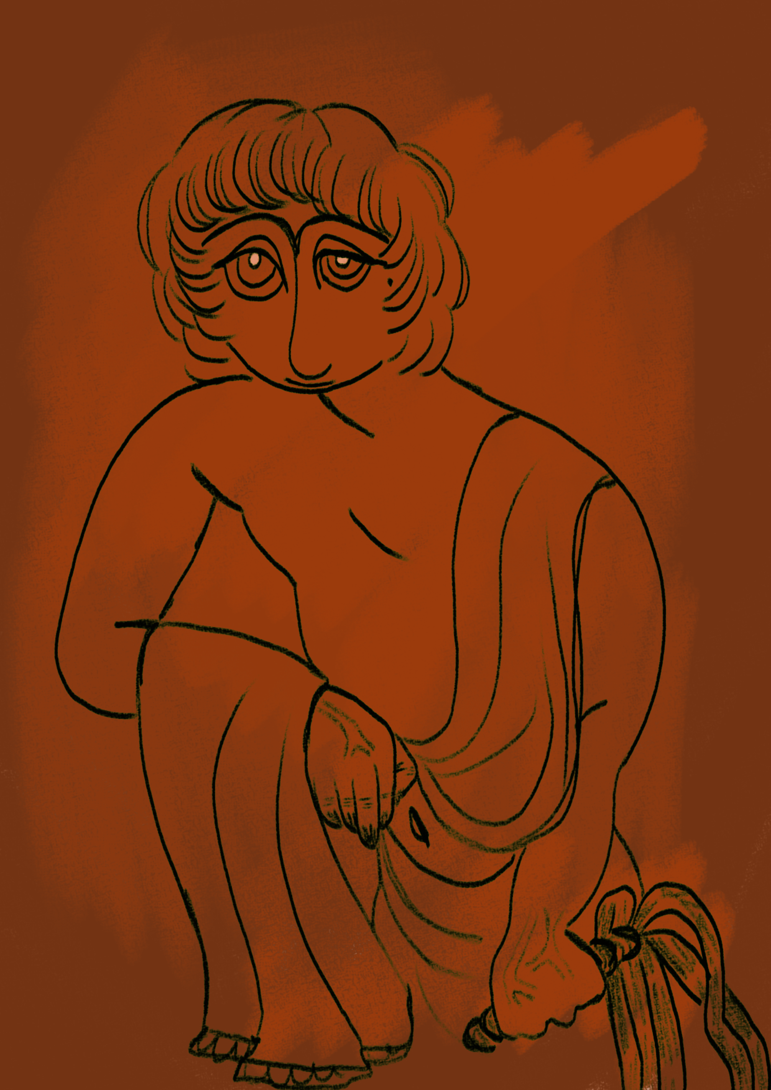 A drawing of a young man wearing a tunic that doesn't cover very much, he has a bowl cut and is smiling and holding a whip in his hand