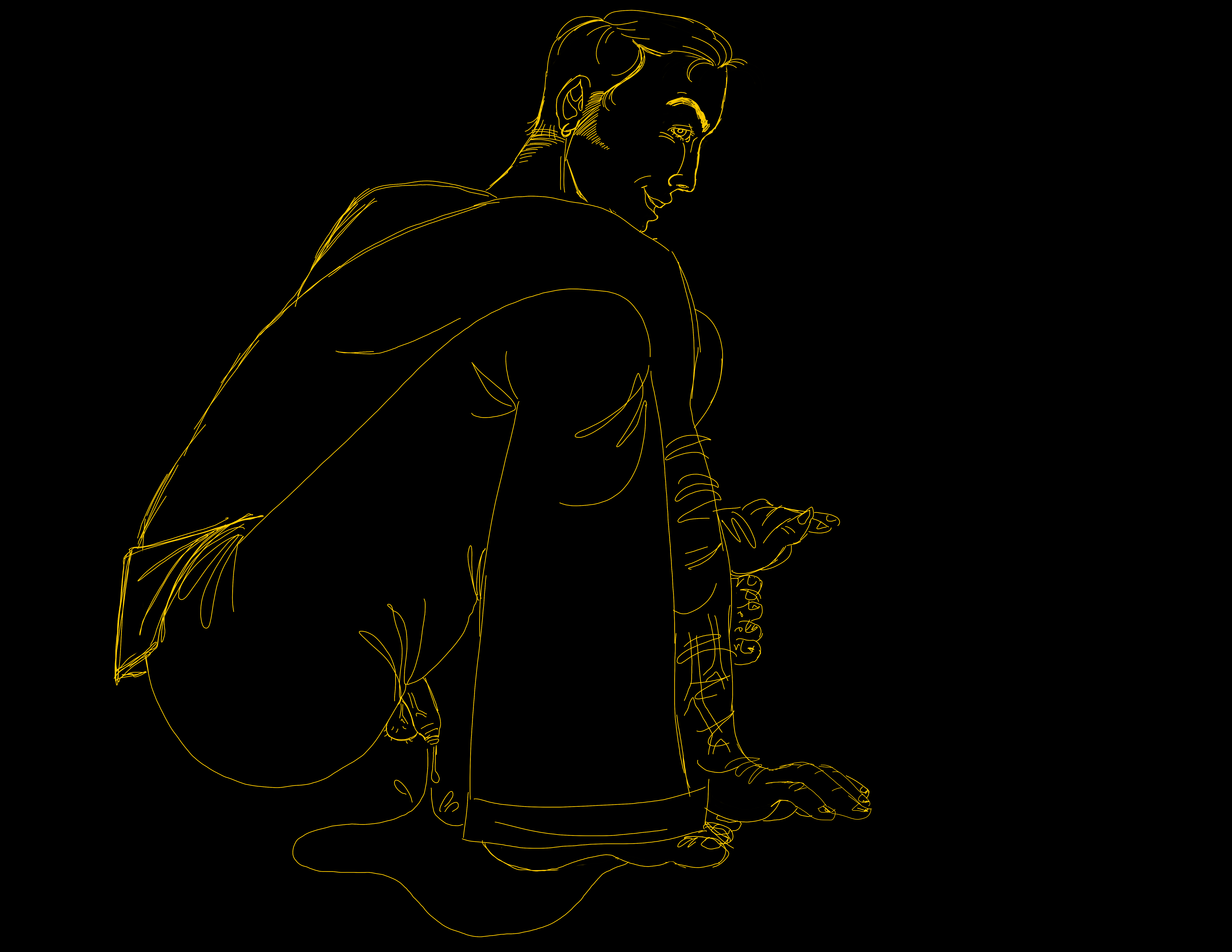 A drawing of a muscular shirtless sailor, his cock is exposed and he is pissing on the floor, making eye contact with the viewer and smirking, he is drawn on a black background, implying nighttime