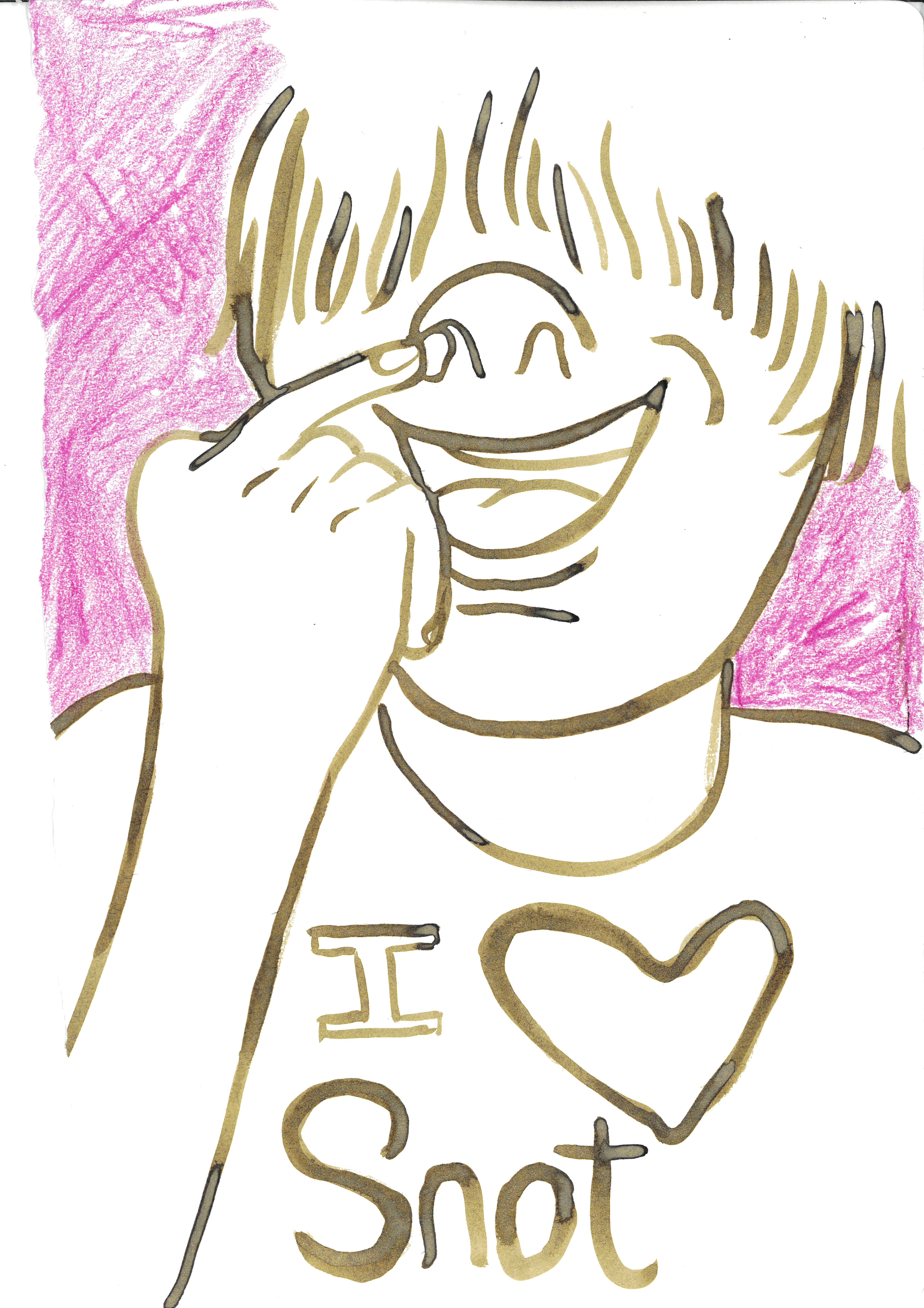 an ink and crayon drawing of a man with a wide open-mouthed smile, he is picking his nose and his t-shirt reads 'I heart snot' 
