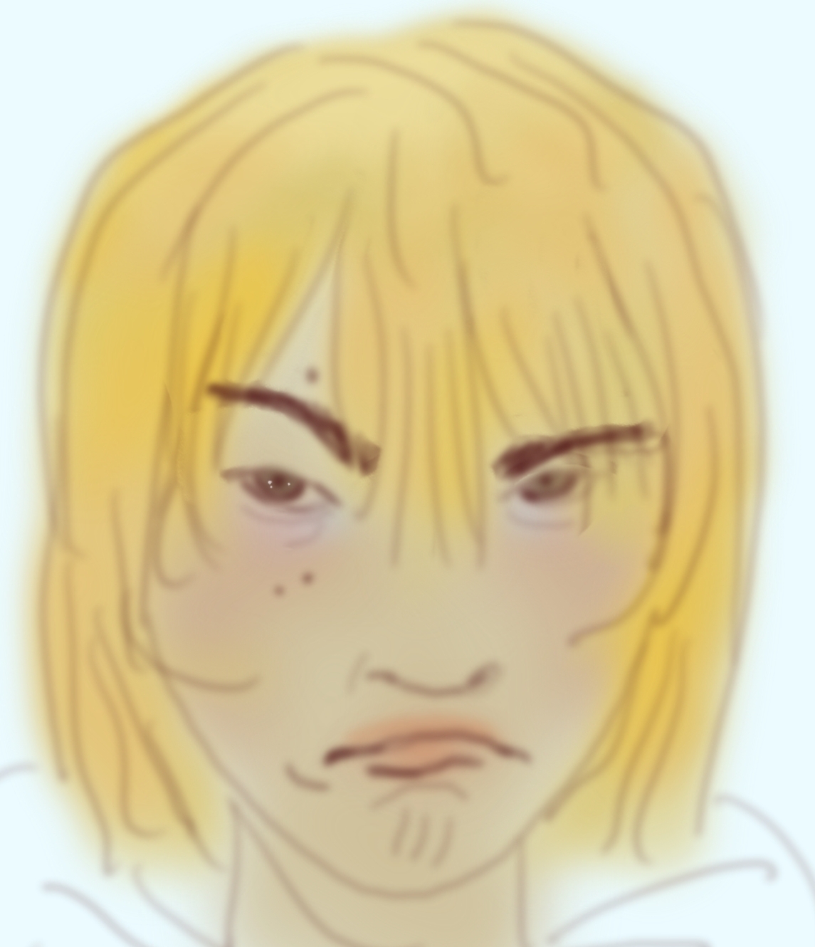 A drawing of a young man with a bleached blond bob, he is scowling and has eyebags from a lack of sleep, he has two moles under his eye on his cheek and one mole over his left eyebrow